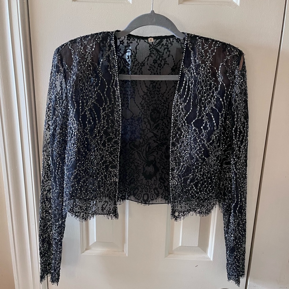 Halloween Costume Vintage Cameron Blake Elegant Black Beaded Lace Cardigan